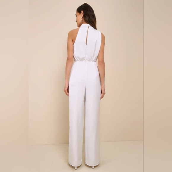 Lulus Stunning Promise White Satin Asymmetrical Wide-Leg Jumpsuit L Wedding - Picture 5 of 9